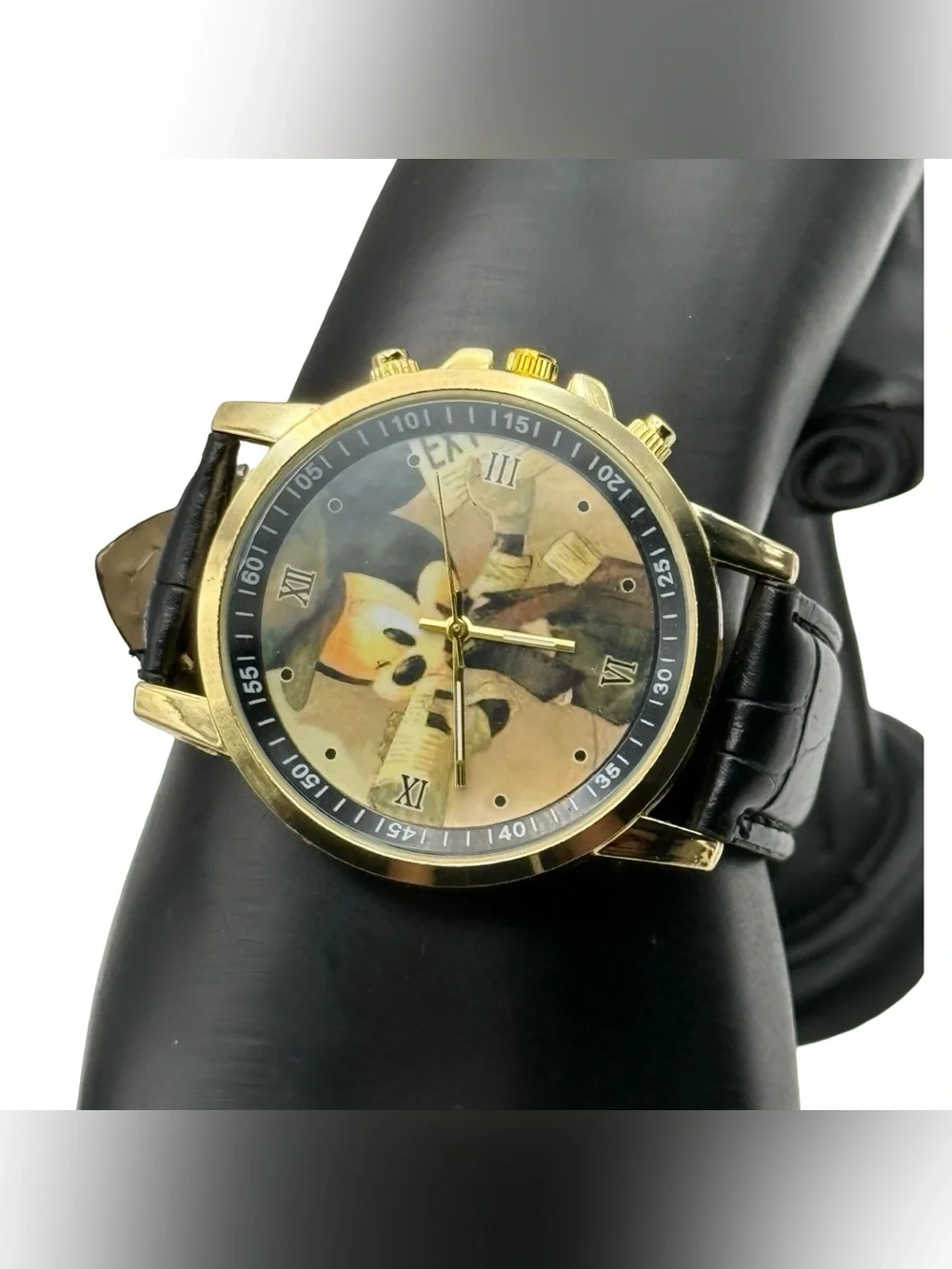 Disney Mickey Mouse Gold Tone Quartz Watch with Faux Leather Band